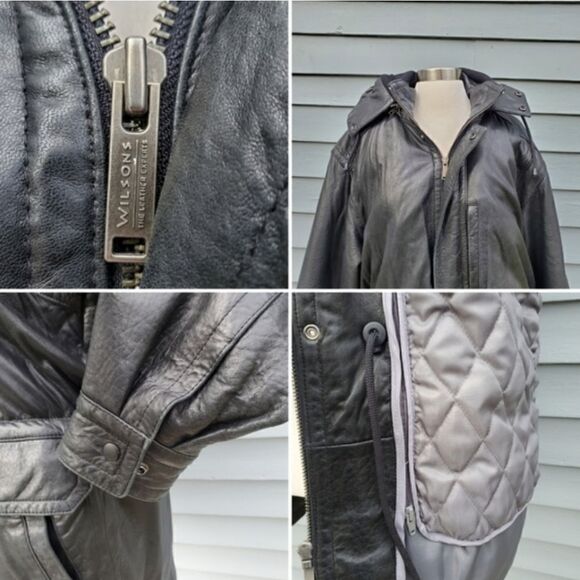 Vintage 90s y2k Wilsons Black Leather Insulated Mid Length Oversized Car Coat Md - Picture 4 of 8